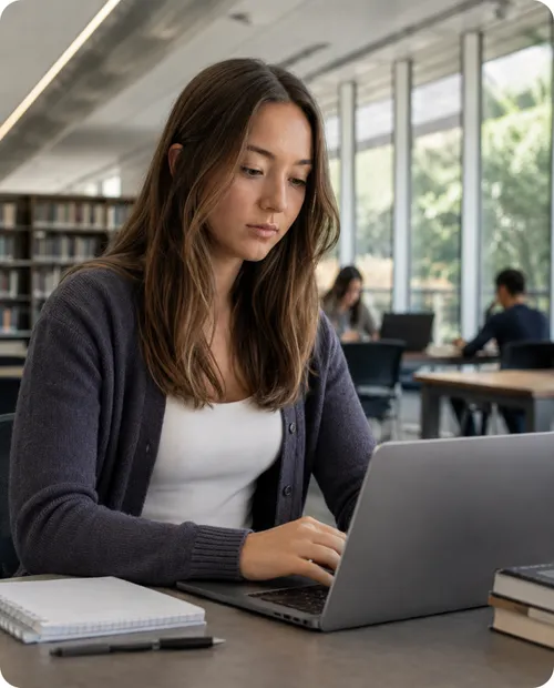 Student writing on a laptop in a library